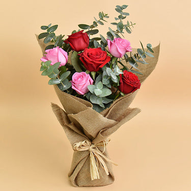 Beauty Bouquet, Pink Roses, Red Roses, Green Ruscus, Beautifully Wrapped